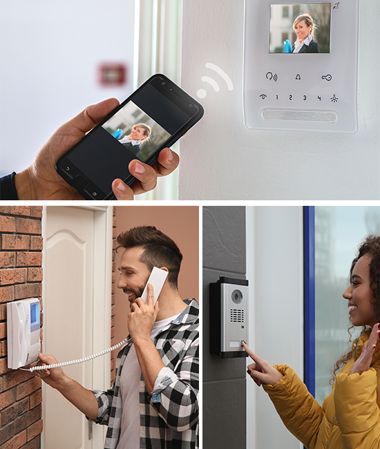 Trois photos montrant des utilisateurs dialoguant ou regardant des interphones